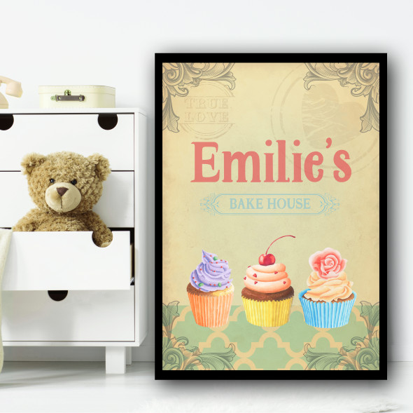 Baking Vintage Cupcakes Bake House Any Name Personalized Wall Art Print