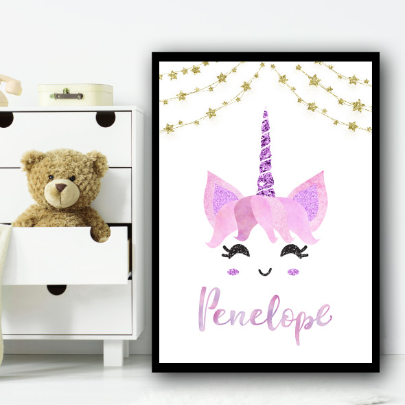 Unicorn Sparkle Glitter Watercolor Cute Any Name Personalized Wall Art Print