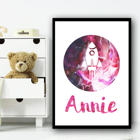 Watercolor Space Rocket Galaxy Moon Pink Any Name Personalized Wall Art Print