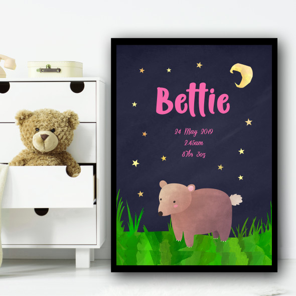 Bear At Night Pink Any Name Any Date Any Weight Personalized Wall Art Print