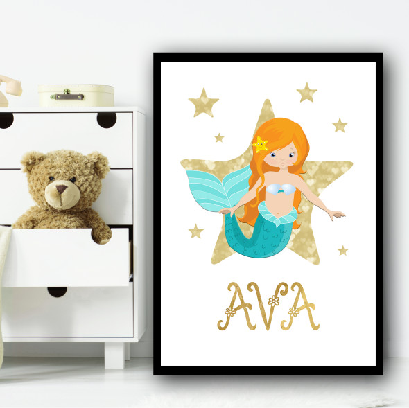 Cartoon Mermaid Ginger Gold Star Any Name Personalized Wall Art Print