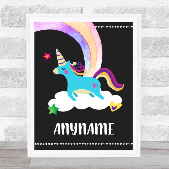 Chalk Blue Unicorn Rainbow Cloud Any Name Personalized Wall Art Print