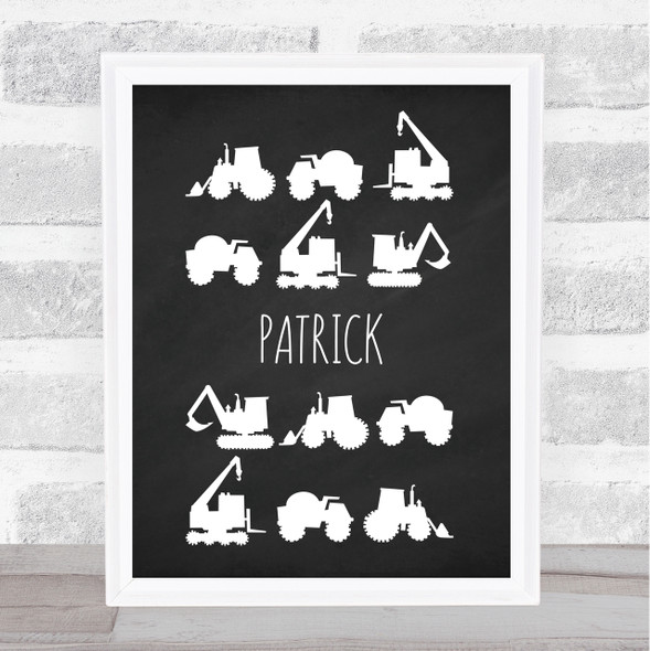 Chalk Multiple Construction Vehicles Silhouette Personalized Wall Art Print
