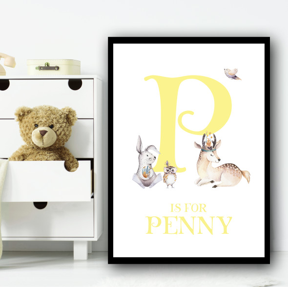 Cute Animals Bear And Rabbit Yellow Any Initial Personalized Wall Art Print