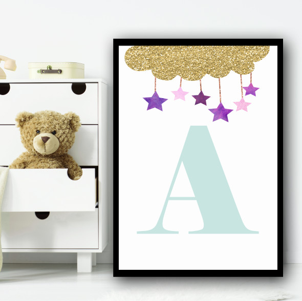 Gold Sparkle Cloud Purple Stars Any Initial Personalized Wall Art Print