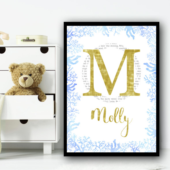 Gold Sparkle Typography Blue Sea Weed Any Initial Personalized Wall Art Print