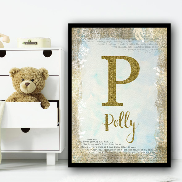 Gold Sparkle Vintage Typography Any Initial Any Name Personalized Wall Art Print