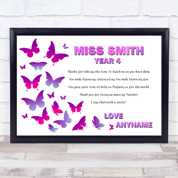 Butterflies Pink & Purple Amazing Teacher Thank You Personalized Wall Art Print