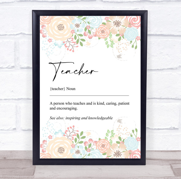 Noun Teacher Word Definition Floral Shabby Chic Personalized Wall Art Print