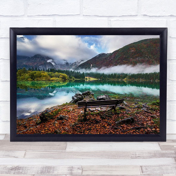 Bench by the lake Mountain Fusine Italy Forest Park Autumn Water Wall Art Print