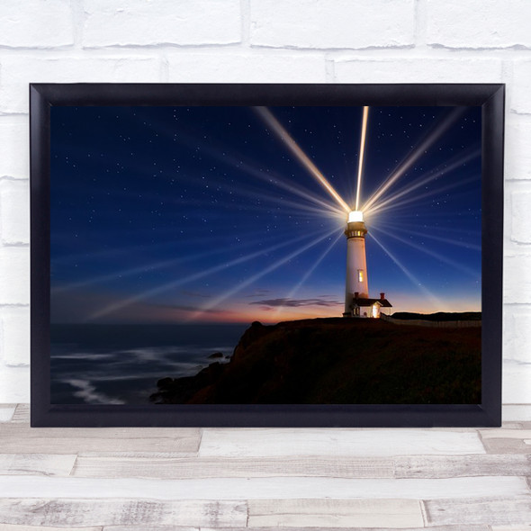 Lighting Of The Lens Lighthouse Night Stars Rays Light Sky Wall Art Print