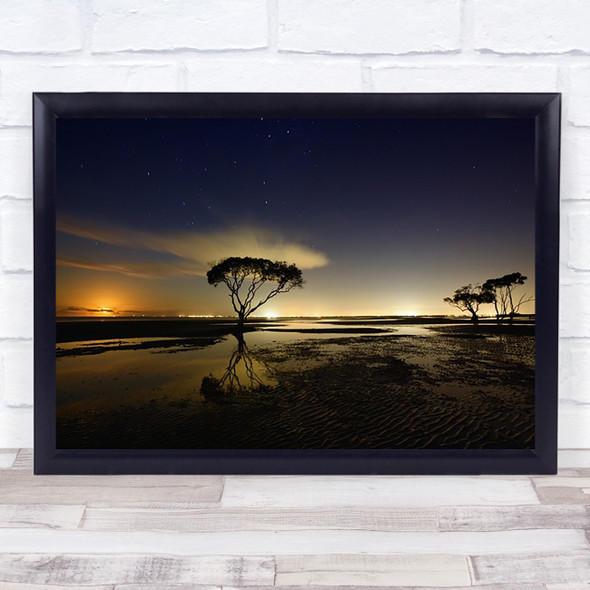 Moonrise Night Beach Sand Moon Tree Stars Reflection Art Print