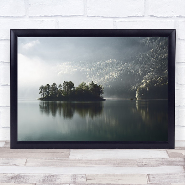 Morning Fog Clearing Island Trees Green Lake River Water Reflection Art Print