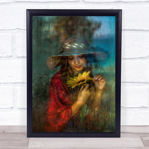 Fortunes Texture Sunflower Flower Hat Summer Closed Eyes Woman Wall Art Print