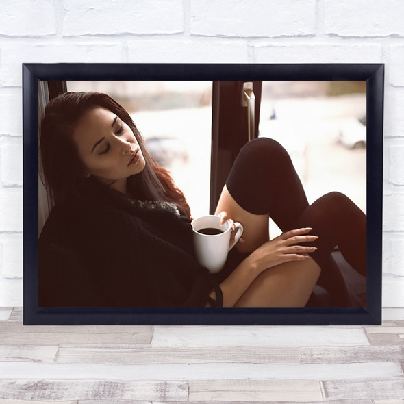 Morning Coffee Sensual Cup Closed Eyes Calm Resting Drink Warm Wall Art Print