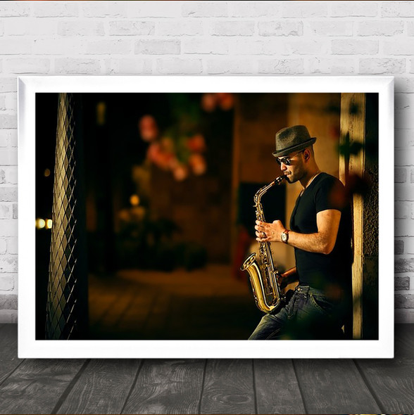 With Jazz Music Person Street Passion Hat Night Instrument Saxophone Art Print