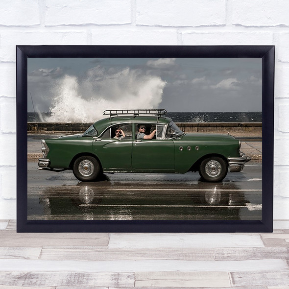 Waving Malecon Cuba Havana Waves Old Green Car Wall Art Print