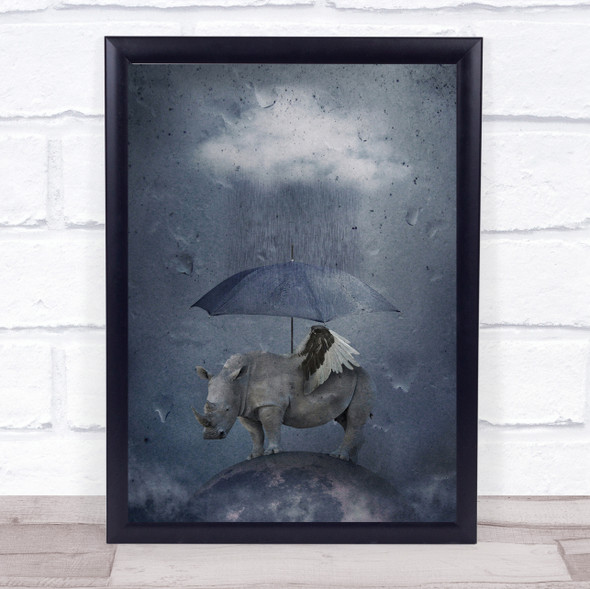 Under The Rain Rhino Umbrella Rainy Raining Wings Planet Earth Wall Art Print