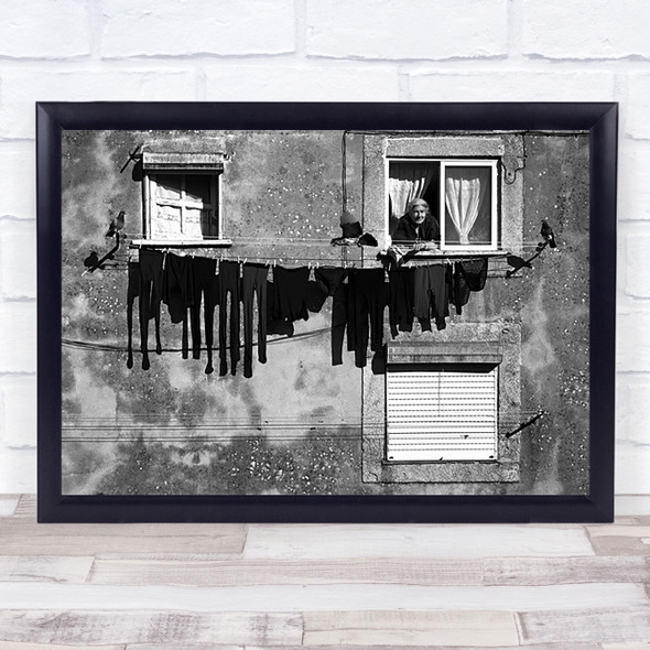 Barcode Laundry Clothes Line Window Lady Old Age Person Wall Art Print