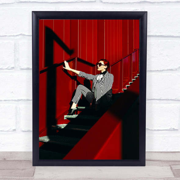 Geometry Red Model Girl Woman Stripes Sunglasses Stairs Wall Art Print