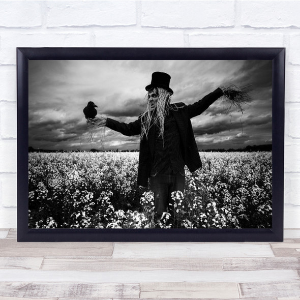 Field Meadow Flowers Scarecrow Crow Bird Hay Person Hat Angry B&W Wall Art Print