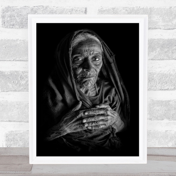 Indian Woman In Dark Portrait Half Body B&W Face Blackaamp;White Wall Art Print