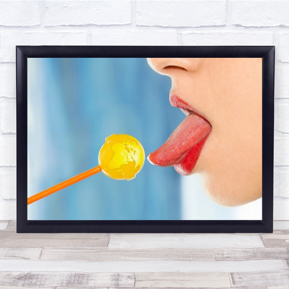 World Tounge Lick Licking Face Person Candy Pop Yellow Red Globe Wall Art Print