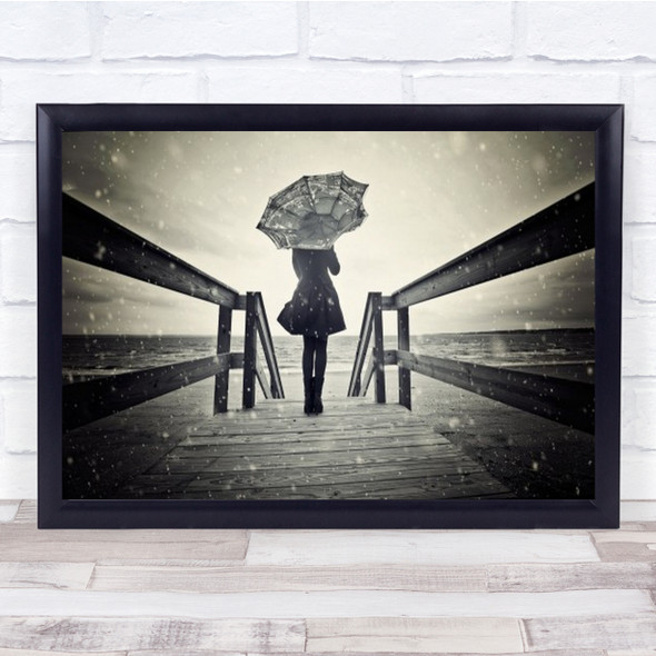 Awaiting Umbrella Sepia Footbridge Beach Toned Snowing Snowfall Wall Art Print