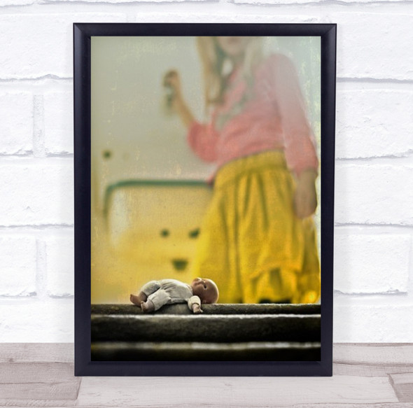 Go To Sleepy Little Baby Doll On Step Woman Blurry Pink Yellow Wall Art Print