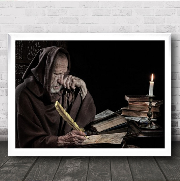 Last Rites Religious Monk Rosary Books Candle Light Old Man Wall Art Print