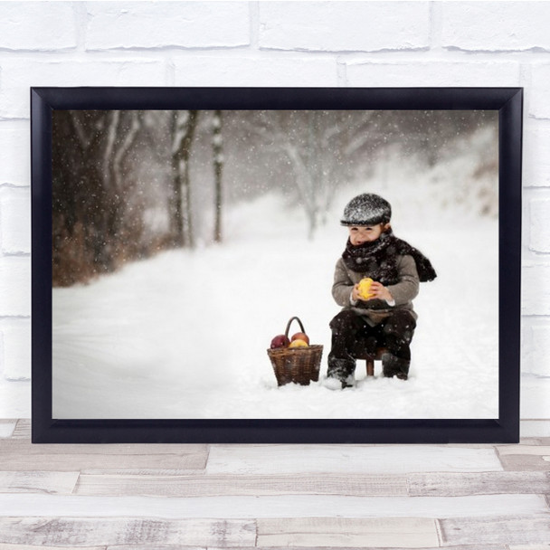Little Apple Seller Boy Snow Apples Chair Kid Child Person Wall Art Print