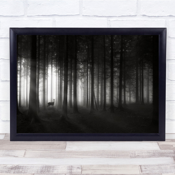 Deer's Morning Deer Sun Forest Trees Fog Sunrays Dawn B&W Wall Art Print