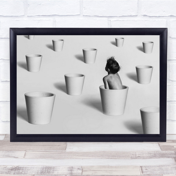 Where Am I B&W Boy Kid Child Pot Pots Sit Sitting Pattern Wall Art Print