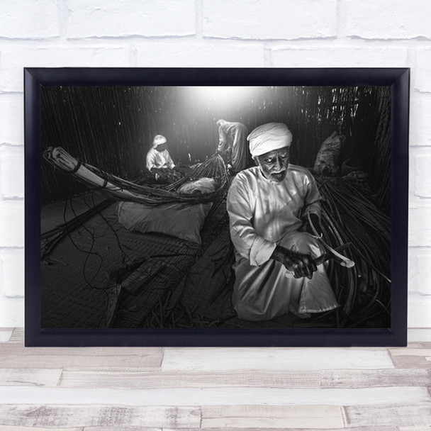Old Boat Abstract B&W Blackaamp;White Workers Turban Man Wall Art Print