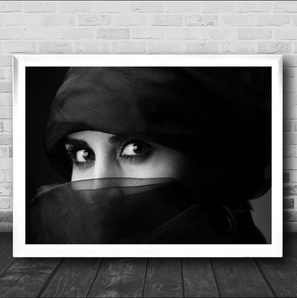 Portrait B&W Eyes Veil Mask Scarf Hide Hiding Hidden Shy Wall Art Print