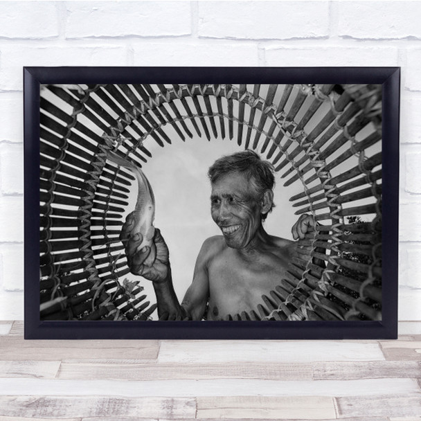 Traditional Fisherman Portrait Old Man Basket Fish B&W Wall Art Print