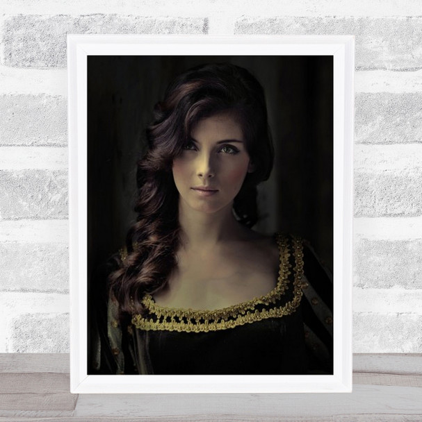 Brown Eyes Old Vintage Dress Gold Trim Hair Side Wall Art Print