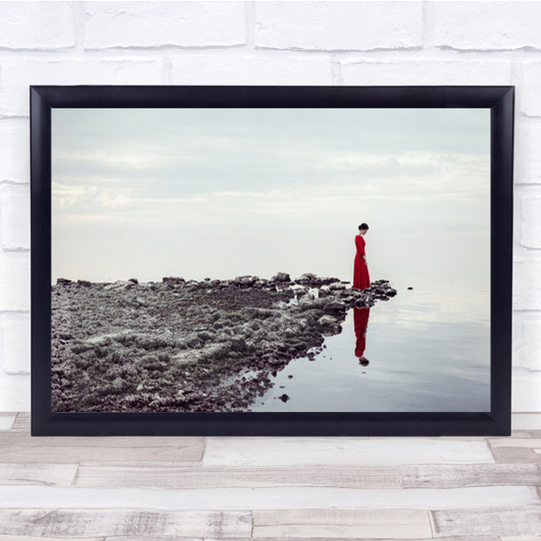 Red Dress Woman In Reflection Calm Still Serene Wall Art Print