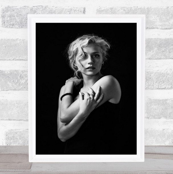 Woman Model Holding Arms Curl Black And White Wall Art Print