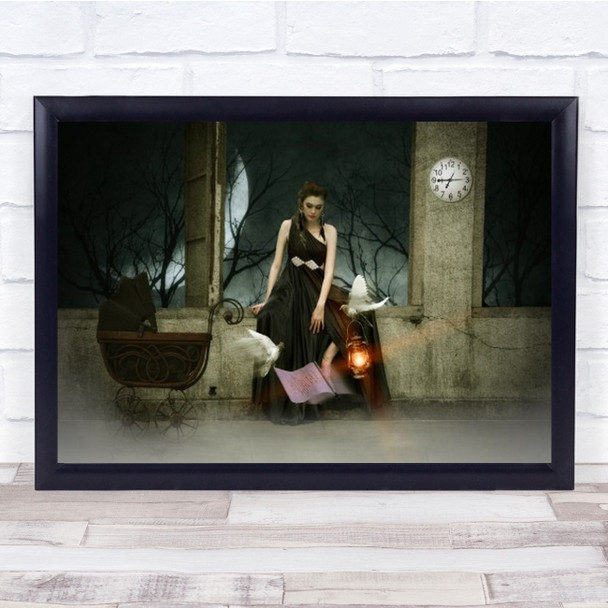 Woman Black Dress Old Push Chair Pram Clock Wall Art Print