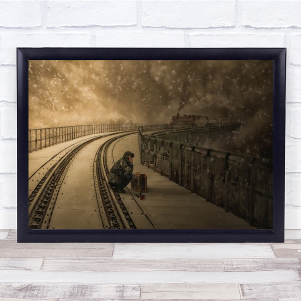 Man Squatting On Tracks Steam Train Coming Wall Art Print