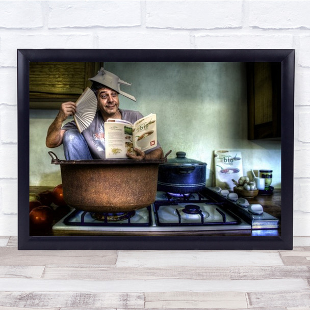 Slow Cooking Man In Pot Reading Handfan Wall Art Print