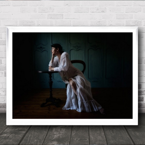 Woman Long White Dress Lean On Table Wall Art Print Woman Long White Dress Lean On Table Wall Art Print