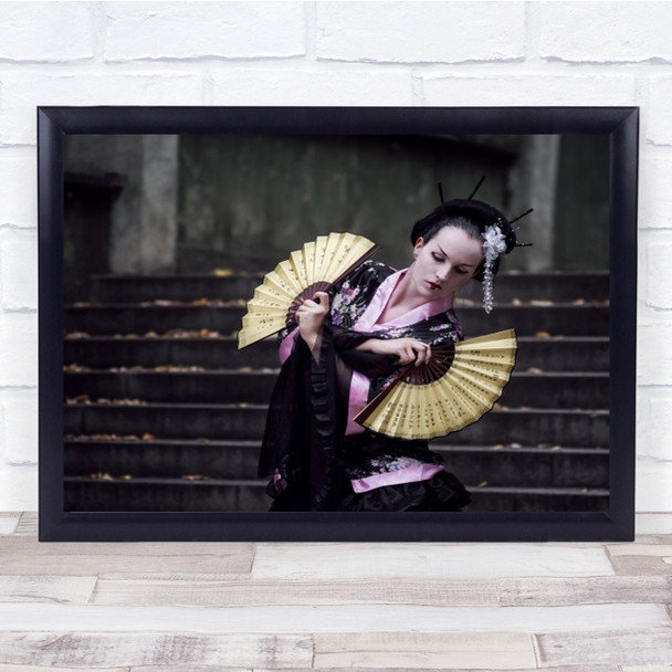 Oriental Asian Outfit Two Fans Pose Wall Art Print