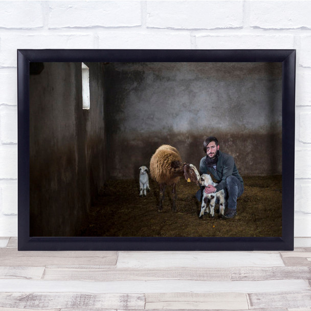 Farmer Posing With Lambs And Sheep Wall Art Print