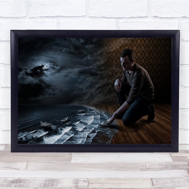 Paper Boats Man Near Sea Wall Art Print