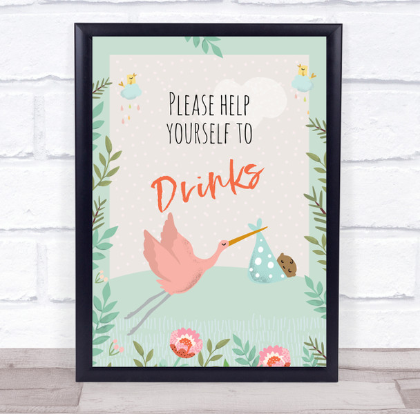 Stork With Baby Shower Green Please Help Yourself Drinks Personalized Party Sign