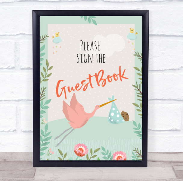 Stork With Baby Shower Green Please The Guest Book Personalized Event Party Sign