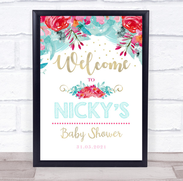 Watercolor Pink Rose & Gold Welcome Baby Shower Personalized Event Party Sign