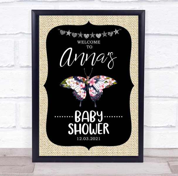 Burlap Floral Butterfly Baby shower Personalized Event Party Decoration Sign